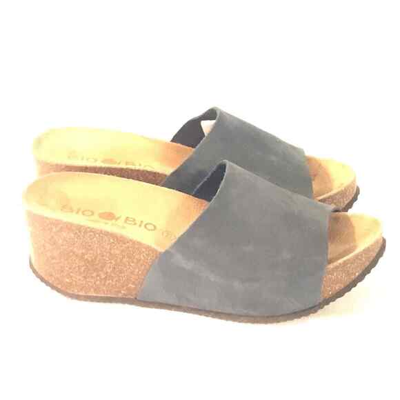 Bio Bio Wedge Slide Sandals Womens Sz 7.5 Blue Gray Made in Spain Nubuck Leather - Picture 5 of 8